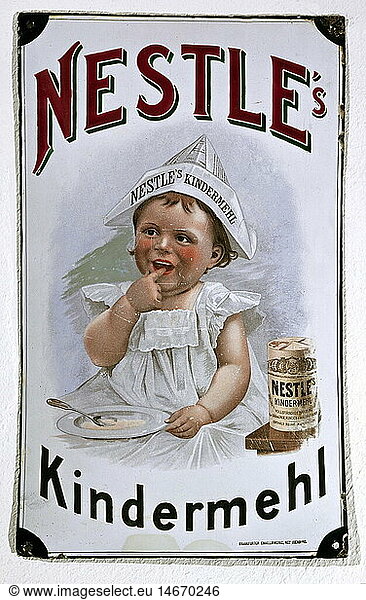 Ãœ SG. hist.  Werbung  Lebensmittel  Milchpulver  'NestleS_x0001_s Kindermehl'  Emailschild  um 1898 Ãœ SG. hist., Werbung, Lebensmittel, Milchpulver, 'NestleS_x0001_s Kindermehl', Emailschild, um 1898,