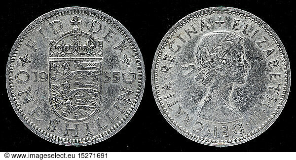 1 Shilling coin  English shield  Queen Elizabeth II  UK  1955