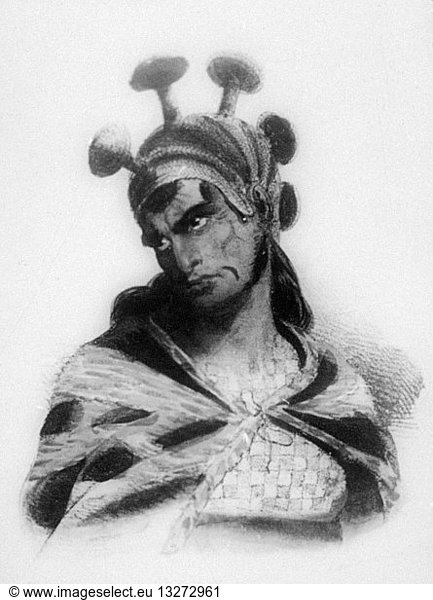 19th century illustration showing Hawaiian warrior with feathered headdress Circa 1840