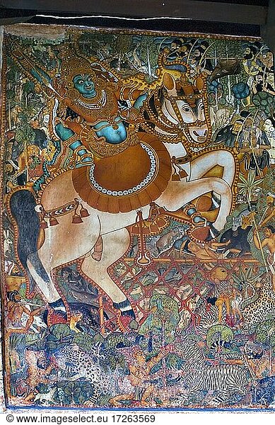 18th century mural paintings depict Sastha astride a horse at Pundareekapuram temple is dedicated to lord vishnu atop hill Midayikunnam near Thalayolapparambu  Kottayam District; Kerala; India