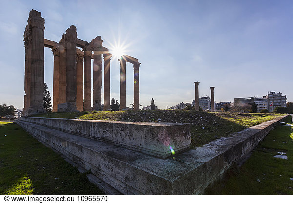 'This Temple of Zeus  also known as the Olympieion  is an Greco-Roman temple in the centre of Athens; Athens  Greece'