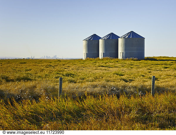 'Three metals silos in a farm field; Alberta  Canada'