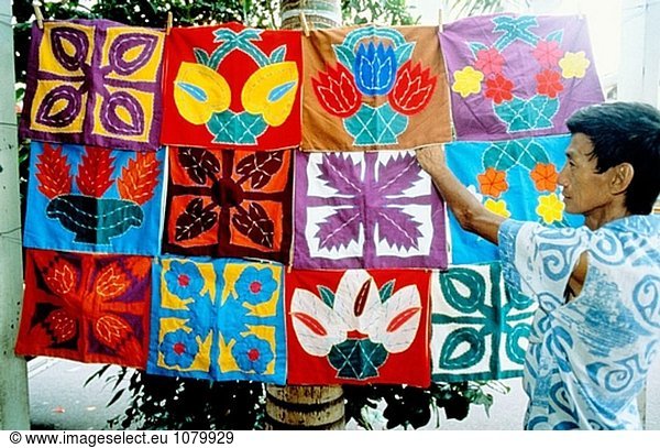 ´Tifaifai´ for sale (locally made quilts).Bora-Bora in the Leeward islands. Society archipelago. French Polynesia
