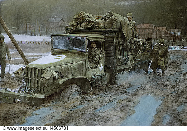 2 1/2 Ton Truck Bogged Down in Mud  Rhineland Campaign  Germany  1945