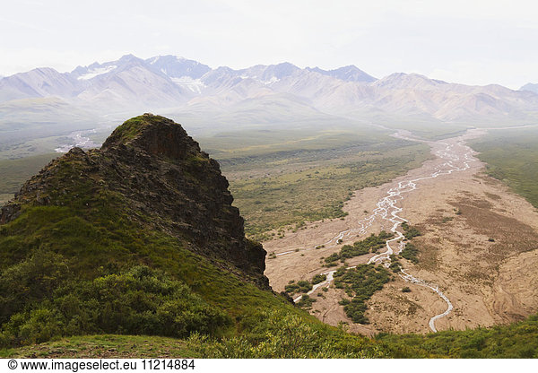 'View from park road of Marmot Rock in Polychrome Pass  Denali National Park and Preserve  interior Alaska in summertime; Alaska  United States of America'