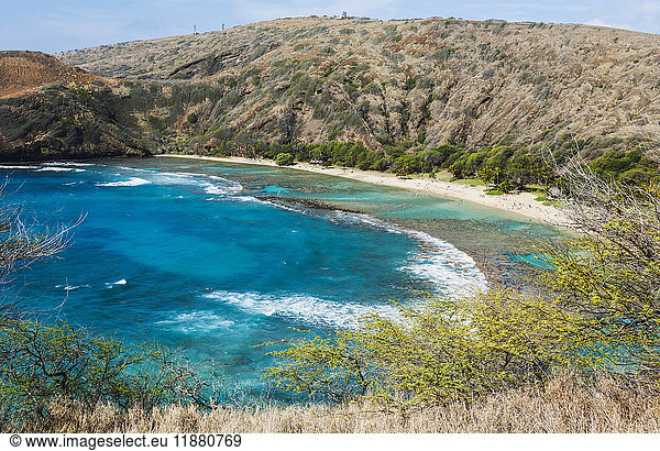'View of the landscape and coastline with turquoise ocean water in Hanauma Bay; Oahu  Hawaii  United States of America'
