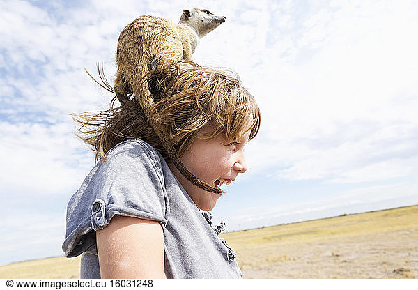 5 year old boy with Meerkat on his head  Kalahari Desert  Makgadikgadi Salt Pans  Botswana