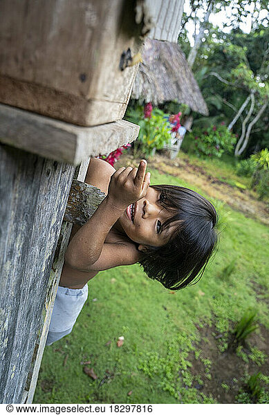 4-year-old Rama looking at a beehive made for stingless bees along the Rio Indio River  Nicaragua  San Juan de Nicaragua