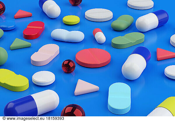 A background filled with various medical pills and health capsules.