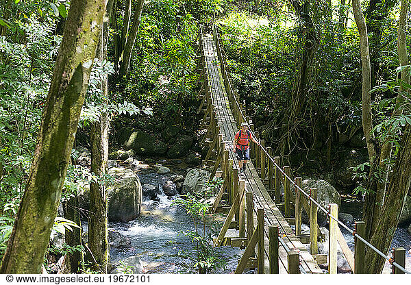 A backpacker hikes across a suspension bridge on Segment 11 of the Waitukubuli National Trail on the Caribbean island of Dominica.