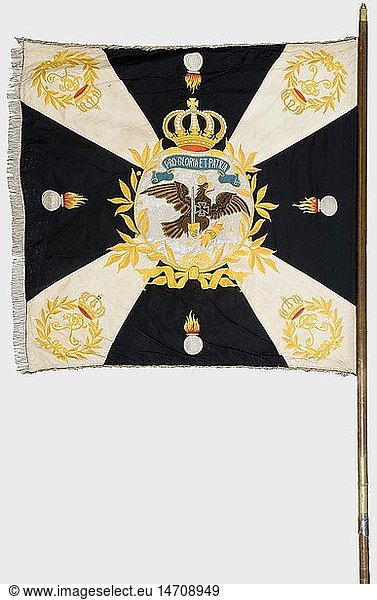 A banner for the Wersabe Local Group of the 'Stahlhelmbund'  1928  with flagstaff and protective cover for the banner. The obverse side is a three-piece silk cloth in black  white  and red  with the centre displaying a silver-embroidered steel helmet above crossed hand grenades within oak leaf branches between the inscriptions: '1928' and 'D.B.F.' 'Der Stahlhelm' and the local group designation are done in splendid  raised gold embroidery. The reverse side is made in the style of a Prussian battalion banner  with coloured embroidery on black and white silk. Silver fringe on three sides. Ca. 110 x 115 cm. On a brown two-piece flagstaff (finial missing) with brass fittings threaded socket and two silver ('800') banner mountings for the Hagen and Brake local groups respectively. Total length 270 cm. Also a white linen protective cover for the banner with the label of the 'Pankower Fahnenbarik' (Pankow Flag Factory). Very beautiful condition. historic  historical  1920s  20th century  veteran  vet  veterans  association  associations  organisation  organization  organizations  organisations  object  objects  stills  clipping  clippings  cut out  cut-out  cut-outs  flag  flags  emblem  emblems  insignia