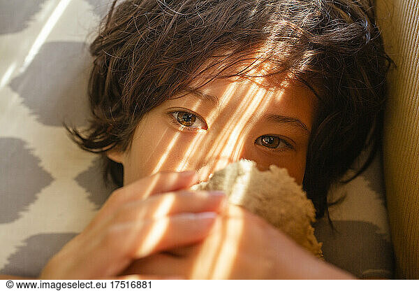 A beautiful child in dappled light with face obscured by toy bear