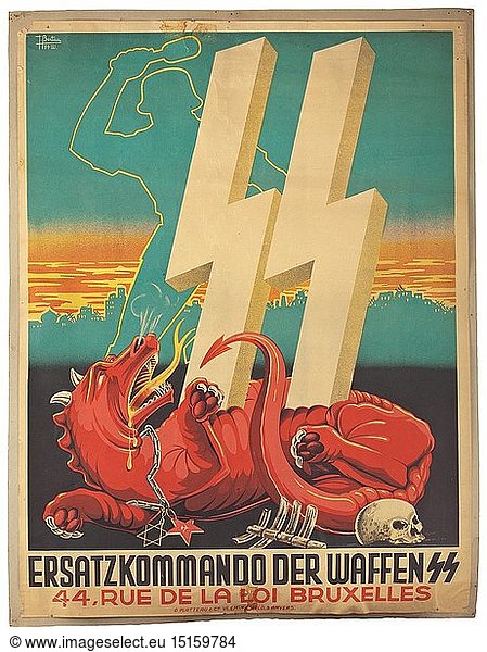 A Belgian poster advertising the Ersatzkommando of the Waffen-SS in Brussels design by T. Bertau  1944 historic  historical  20th century  1930s  1940s  Waffen-SS  armed division of the SS  armed service  armed services  NS  National Socialism  Nazism  Third Reich  German Reich  Germany  military  militaria  utensil  piece of equipment  utensils  object  objects  stills  clipping  clippings  cut out  cut-out  cut-outs  fascism  fascistic  National Socialist  Nazi  Nazi period