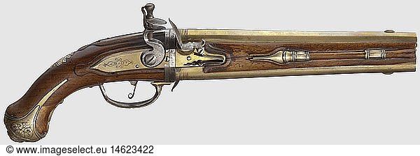 A Belgian turn-over flintlock pistol with brass barrels  LiÃ¨ge (?)  circa 1730. Conical  smooth brass barrels in 15 mm calibre with a brass front sight each. A jug-shape mark stamped at the breeches. Flintlock with iron cock  brass bolt plate signed 'A-MAIEV'. Walnut stock with relief brass furniture  moveable trigger guard for releasing the turn-over mechanism. Wooden ramrod with iron tip on the left side. Length 47 cm. Rare turn-over flintlock pistol with brass barrels  historic  historical  18th century  civil handgun  civil handguns  handheld  gun  guns  firearm  fire arm  firearms  fire arms  weapons  arms  weapon  arm  object  objects  stills  clipping  clippings  cut out  cut-out  cut-outs