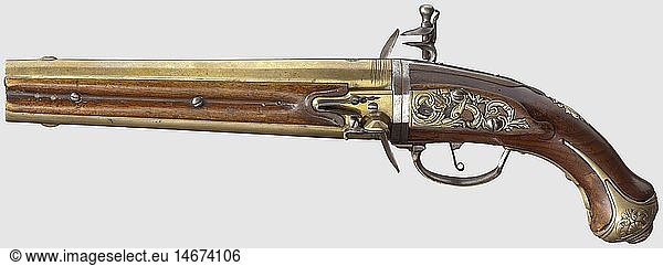 A Belgian turn-over flintlock pistol with brass barrels  LiÃ¨ge (?)  circa 1730. Conical  smooth brass barrels in 15 mm calibre with a brass front sight each. A jug-shape mark stamped at the breeches. Flintlock with iron cock  brass bolt plate signed 'A-MAIEV'. Walnut stock with relief brass furniture  moveable trigger guard for releasing the turn-over mechanism. Wooden ramrod with iron tip on the left side. Length 47 cm. Rare turn-over flintlock pistol with brass barrels  historic  historical  18th century  civil handgun  civil handguns  handheld  gun  guns  firearm  fire arm  firearms  fire arms  weapons  arms  weapon  arm  object  objects  stills  clipping  clippings  cut out  cut-out  cut-outs