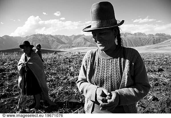 A black and white image of a four women farmers in a field