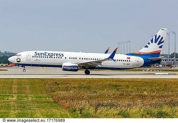 A Boeing 737-800 aircraft of SunExpress with registration TC-SNT at Munich Airport (MUC)  Munich  Germany  Europe
