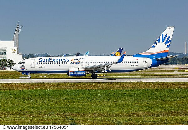 A Boeing 737-800 aircraft of SunExpress with registration TC-SNV at Munich Airport  Germany  Europe
