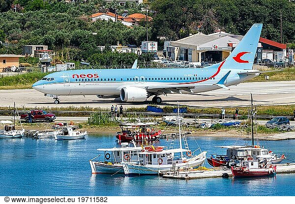 A Boeing 737 MAX 8 aircraft of Neos with the registration EI-RZA at Skiathos Airport  Greece  Europe