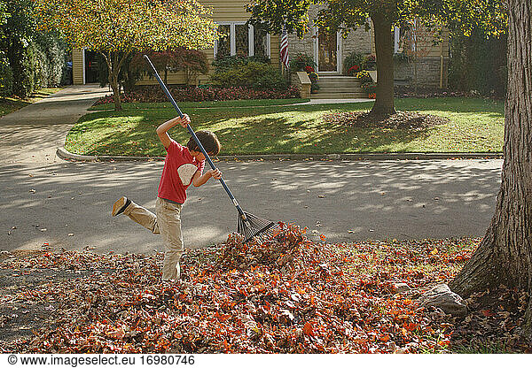 a boy enthusiastically rakes leaves on a warm autumn day outside
