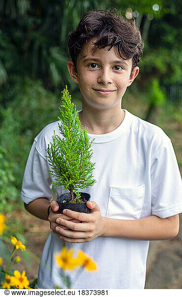 A boy holding a small tree sapling in a pot  standing in a garden.