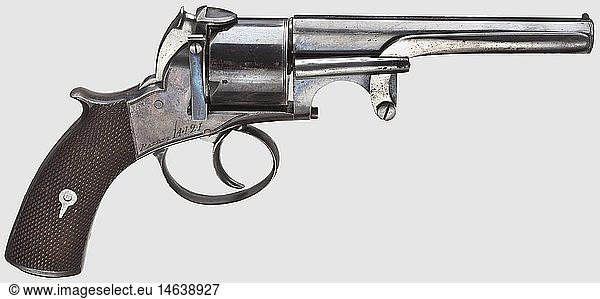 A British presentation revolver 'Miller  Dundee' in its case  circa 1875  cal..380 long RF  no. 14121. Octagonal barrel with seven-groove rifled bore with a distinct land/groove profile  length 5'. Five shots. British proof mark. Single action. Barrel with barrel housing screwed onto base pin. Smooth cylinder. Ejector. On the barrel marked 'Wm. Miller Parker Square Dundee'  on right bottom of frame marked 'Patent 14121'. On left side of barrel housing engraved 'Presented to SERGt. W.WILLIAMSON by the Officers Non Com.Officers & MEMBERS OF No. 8 COY 1st FORFARSHIRE R. V. C.'. 80 % original blue-black high gloss finish  partially in a brown patina  spotted. Loading gate blued. Hammer  trigger and ejector polished white. Dark walnut grip panels. Comes in matching walnut case  dimensions 30 x 19 x 6 cm  lid with cr historic  historical  19th century  civil handgun  civil handguns  handheld  gun  guns  firearm  fire arm  firearms  fire arms  weapons  arms  weapon  arm  object  objects  stills  clipping  clippings  cut out  cut-out  cut-outs