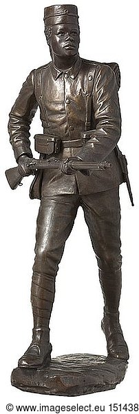 A bronze sculpture of an Askari NCO from German East Africa. Detailed portrayal of an Askari NCO in full gear striding ahead with a rifle in his hand. Ammunition pouches  bread bag and frog mounted separately. Some small parts missing. Height 44 cm. historic  historical  navy  naval forces  military  militaria  branch of service  branches of service  armed forces  armed service  object  objects  stills  clipping  clippings  cut out  cut-out  cut-outs  20th century  19th century