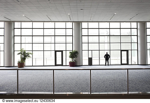 A businessman in silhouette standing at a large window in a convention centre lobby.