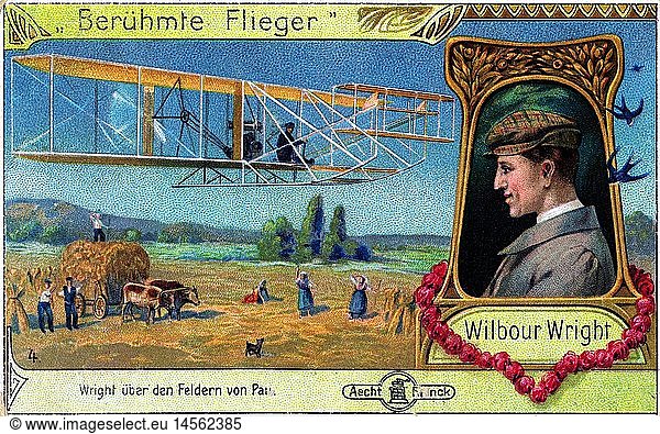 A4 C Wright  Wilbur  16.4.1867 - 30.5.1912  US Flugpionier  Portrait  Profil  Flug Ã¼ber Felder  farbiges Sammelbild 'BerÃ¼hmte Flieger'  um 1900