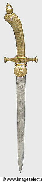 A cadet's dirk  of the Imperial Navy  circa 1890 Wedge blade with maritime etching. Gold-plated tombac hilt with the quillons of an 1890 cadet dirk  fixed guard plate. Leather scabbard with gilt mountings  two rings for suspension. Length 45.5 cm. Small spots of rust on the blade. historic  historical  19th century  navy  naval forces  military  militaria  branch of service  branches of service  armed forces  armed service  object  objects  stills  clipping  clippings  cut out  cut-out  cut-outs  thrusting  thrustings  hand weapon  hand weapons  melee weapon  melee weapons  handheld  blade  blades  weapon  arms  weapons  arms  dagger  daggers