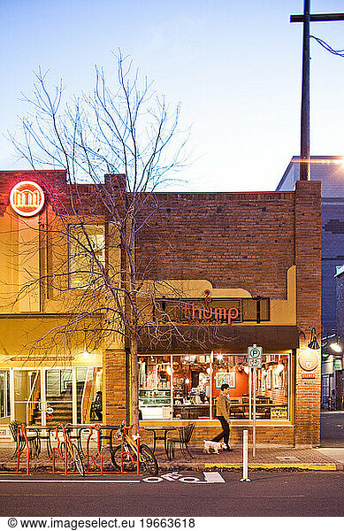 A cafe at dusk in downtown Bend  Oregon.