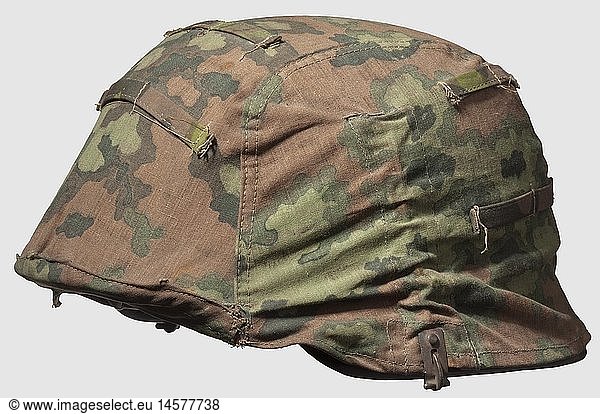 A camouflage cover for a steel helmet  reversible outer covering for the Waffen-SS Helmet cover for Waffen-SS units. Model in brown-green oak leaf camouflage pattern for spring  reversible to oak leaf camouflage pattern in autumn colours. Both sides printed in plane-tree camouflage material  twelve separate attachment loops. Three magnetic fastening hooks to be fastened to the helmet. The inside of the autumn pattern with number designation '5659'. A rare equipment configuration. See Beaver  M  Camouflage Uniforms of the Waffen-SS  pp. 127 - 136  historic  historical  1930s  20th century  Waffen-SS  armed division of the SS  armed service  armed services  NS  National Socialism  Nazism  Third Reich  German Reich  Germany  military  militaria  utensil  piece of equipment  utensils  object  objects  stills  clipping  clippings  cut out  cut-out  cut-outs  fascism  fascistic  National Socialist  Nazi  Nazi period  uniform  uniforms  headpiece  headpieces  helmet  helmets  camouflage  camouflages