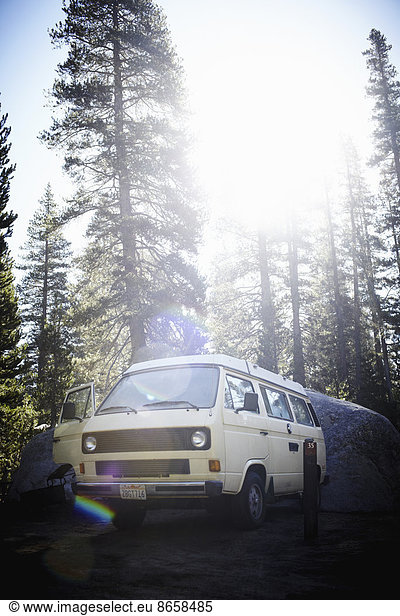 A camper van  a classic design  and an iconic travelling vehicle in Yosemite national park.
