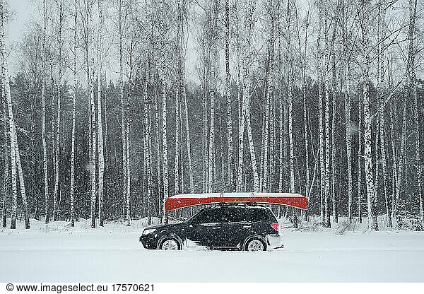 A car in the snowy winter birch forest transporting canoe.