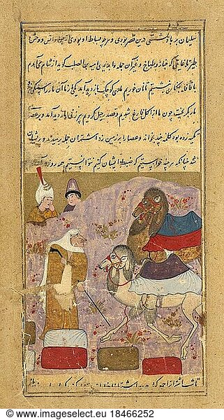 A caravan from Syria meets a witch. When the witch strikes the ground with a stick  the camels are frightened and scatter. When she hits the ground a second time  the camels come back. The illustration shows the witch collecting the camels  c. 1250  Persia  Historical  digitally restored reproduction from an 18th or 19th century original