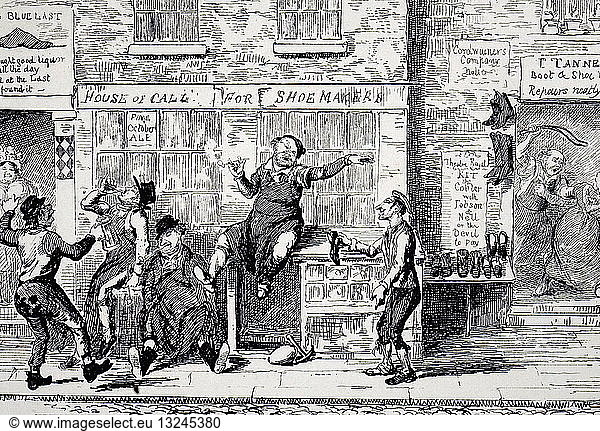 A cartoon depicting London shoemakers celebrating the day of the Patron Saint  St. Crispin