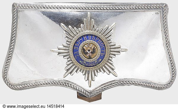 A cartridge box for officers of the Guard Cavalry.  Silver-plated lid bearing the partly enamelled star of the Order of St. Andrew and the Cyrillic maker's mark  'I.S.' Black leather box. Rare and in outstanding condition. historic  historical  19th century  object  objects  stills  clipping  clippings  cut out  cut-out  cut-outs  insignia  symbols  symbol  emblem  emblems