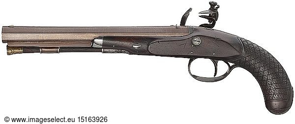 A cased pair of flintlock pistols  Durs Egg  London  circa 1795/1800 Octagonal barrels  slightly retracted in the middle  made from browned Damascus with smooth bores in 12.5 mm calibre. Silver front sights  dovetailed rear sights. At the breech engraved signature 'D.EGG LONDON'. Finely engraved tangs  gold-lined vent holes. Slightly engraved  delicate flintlocks with repeated signature. Rainproof pans and sliding safeties. Half stocks made from walnut with silver noses  finely chequered grips. Engraved iron furniture with remnants of the or 19th century