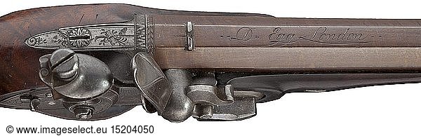 A cased pair of flintlock pistols  Durs Egg  London  circa 1795/1800 Octagonal barrels  slightly retracted in the middle  made from browned Damascus with smooth bores in 12.5 mm calibre. Silver front sights  dovetailed rear sights. At the breech engraved signature 'D.EGG LONDON'. Finely engraved tangs  gold-lined vent holes. Slightly engraved  delicate flintlocks with repeated signature. Rainproof pans and sliding safeties. Half stocks made from walnut with silver noses  finely chequered grips. Engraved iron furniture with remnants of the or 19th century