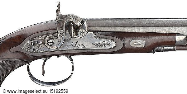 A cased pair of percussion pistols  Joseph Egg in London  circa 1830 Heavy  octagonal barrels of originally browned Damascus steel. Rifled bores in 12.5 mm calibre. Dovetailed blued sights  the breeches with gold-inlaid signature 'J*EGG*LONDON'. Colour case-hardened snails with engraved tangs. Colour case-hardened  slightly engraved locks with cock safety. Set triggers. Walnut half stocks  the butts finely chequered  silver noses. Silver escutcheons with engraved coat of arms and monogram 'EN'. Blued  finely engraved iron furnitures. Wooden ramrods with h 19th century
