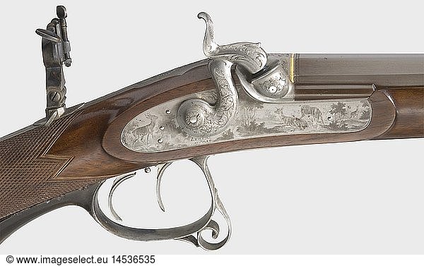 A cased precision percussion target rifle  Anton Vincenz Lebeda in Prague  circa 1840/50. Octagonal barrel with the original bluing and an eight-groove rifled bore in 10 mm calibre. Hooded front and rear sights. The signature  'A.V. Lebeda Ã  Prague' is engraved on the chamber. Finely engraved snail with a platinum-bushed ignition channel. Percussion lock with finely engraved and chiselled hunting decoration and another signature. Double set trigger. Folding  colour case-hardened  aperture sight. Walnut half stock with engraved iron furniture. Black horn hand rest on the trigger guard (minor defects). Length 116.5 cm. In an oak case with brass mountings. The lid bears the applied monogram 'JN'. The interior is lined with green felt  and the maker's inscription is stamped inside the lid. It comes with comprehensive  or historic  historical  19th century  civil long guns  gun  weapons  arms  weapon  arm  firearm  fire arm  gun  fire arms  firearms  guns  object  objects  stills  clipping  clippings  cut out  cut-out  cut-outs