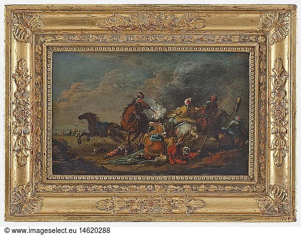 A cavalry combat  German-Dutch  circa 1700 Oil on wood  unsigned. Counterpart to the previous picture. European and Turkish horsemen in the middle of a battle  the Turks are about to flee  in the background on the left Turkish tents. Appealing depiction. In a carved and gilt frame. Dimensions with frame 28 x 37.7 cm. The wood reinforced on the reverse side  the frame early 19th century  the gilding refurbished. Typical painting from the time around 1700  shortly after the victory over the Turks near Vienna in 1683 and the following successful battles of Prince Eugen and the Margrave Ludwig Wilhelm of Baden  also referred to as TÃ¼rkenlouis (Turks Louis). historic  historical  people  18th century  fine arts  art  painting  paintings  object  objects  stills  clipping  clippings  cut out  cut-out  cut-outs