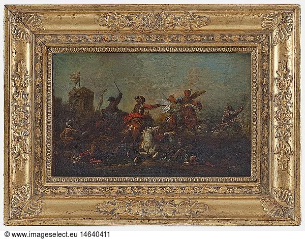 A cavalry combat  German-Dutch  circa 1700 Oil on wood  unsigned. European and Turkish horsemen in the middle of a battle  in the background on the left a fortress with flag. Appealing depiction. In a carved and gilt frame. Dimensions with frame 28 x 37 cm. The wood reinforced on the reverse side  the frame early 19th century  the gilding refurbished. Typical painting from the time around 1700  shortly after the victory over the Turks near Vienna in 1683 and the following successful battles of Prince Eugen and the Margrave Ludwig Wilhelm of Baden  also referred to as TÃ¼rkenlouis (Turks Louis). historic  historical  people  18th century  fine arts  art  painting  paintings  object  objects  stills  clipping  clippings  cut out  cut-out  cut-outs