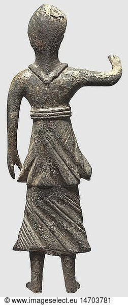A Celto-Roman figurine of Athena  1st century BC/1st century AD. Bronze with greenish patina. A standing female figure in the typical Celtic style modeled after Roman examples. Shield and spear are missing. Mounted on an acrylic glass base. Height without the base 10.7 cm. Provenance: Private German collection  acquired in the 1990s  people  20th century  ancient world  ancient world  ancient times  object  objects  stills  clipping  cut out  cut-out  cut-outs  mediterranean  precious metal  precious metals  sculpture  sculptures  statuette  figurine  figurines  statuettes  fine arts  art