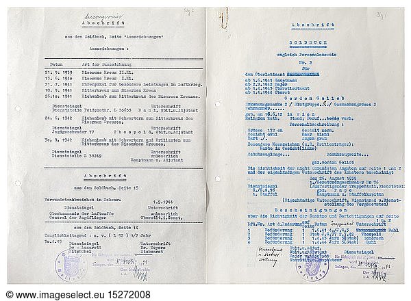 A certified transcription of the identification and service book (Soldbuch) of Gordon Gollob dated 31 September 1951  through the town of Sulingen  with a listing of all promotions and awards received. historic  historical  Air Force  branch of service  branches of service  armed service  armed services  military  militaria  air forces  object  objects  stills  clipping  clippings  cut out  cut-out  cut-outs  20th century