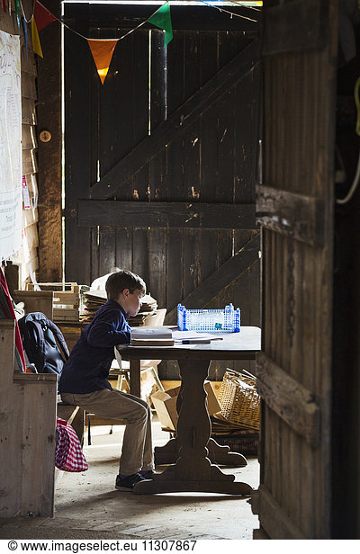 A child seated in a barn at a table doing his homework.