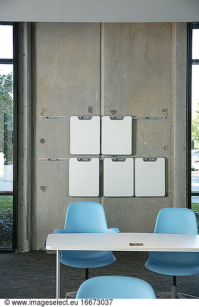 A classroom with white dry erase boards hang from wall
