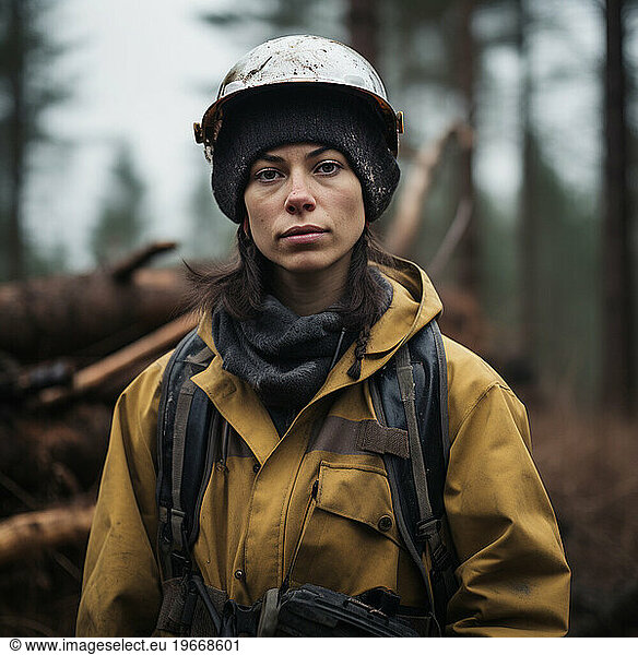 A close up of a female logger in the misty woods