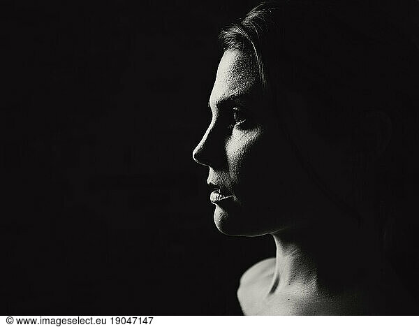 A closeup of a young woman in profile in dramatic light