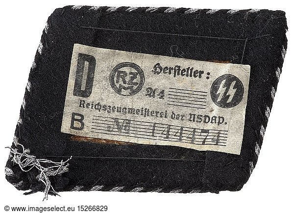 A collar patch for an SS leader of the 3rd SS-Standarte 'Der FÃ¼hrer' Hand-embroidered '3' and SS runes in silver wire thread  continuous black-silver corded trim  the reverse with an SS/RZM-paper tag. historic  historical  20th century  1930s  1940s  Waffen-SS  armed division of the SS  armed service  armed services  NS  National Socialism  Nazism  Third Reich  German Reich  Germany  military  militaria  utensil  piece of equipment  utensils  object  objects  stills  clipping  clippings  cut out  cut-out  cut-outs  fascism  fascistic  National Socialist  Nazi  Nazi period